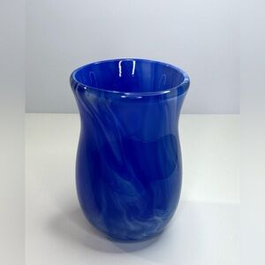 Cobalt Blue Swirl Art Glass Vase ~8” | Marbled Handblown Look | Modern Decor